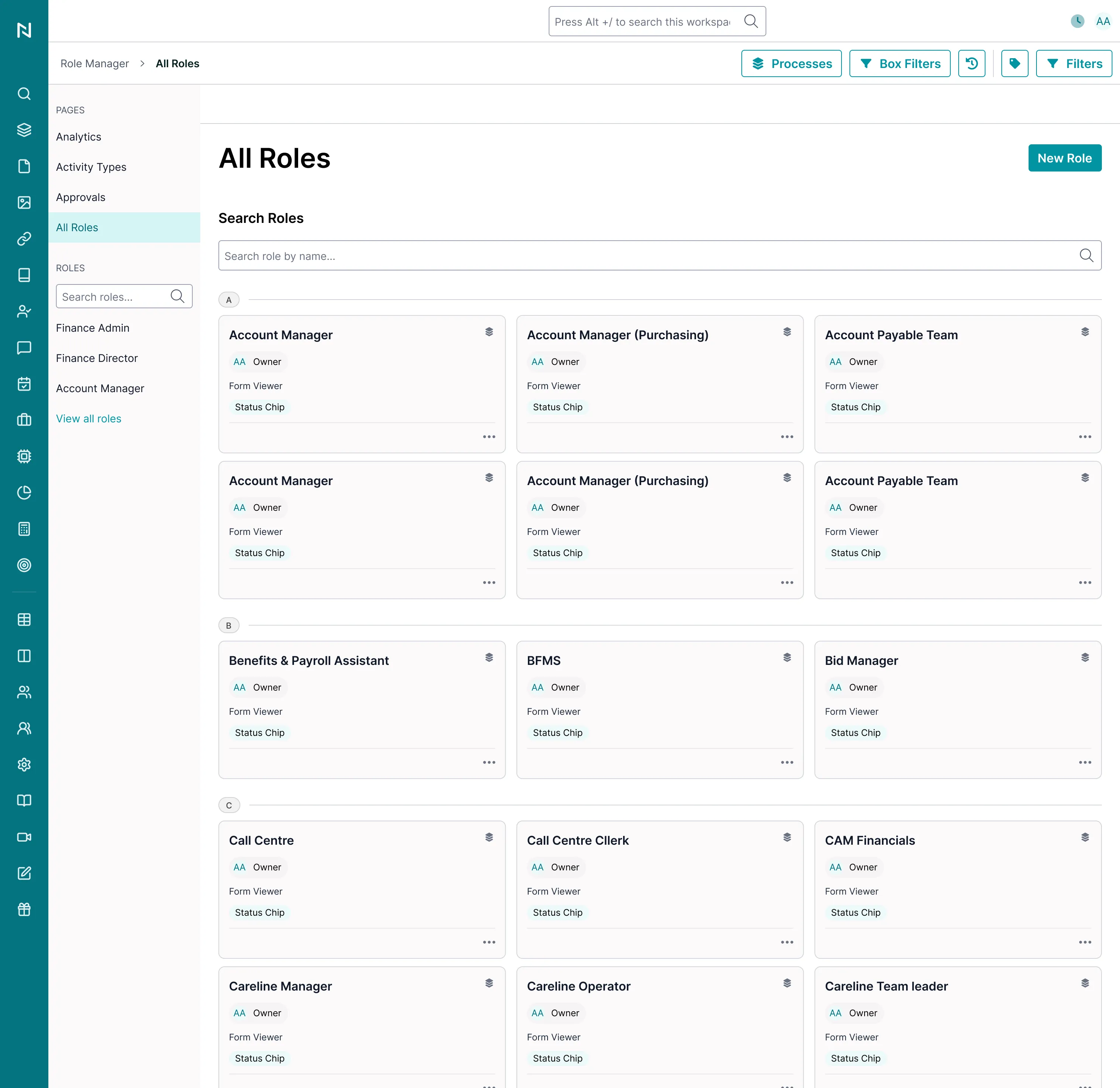 The All Roles directory, an alphabetised grid of role cards from Account Manager through to Careline Team Leader, each with an owner and a status chip
