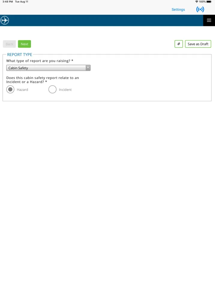 Legacy report-type step: a Cabin Safety dropdown, a hazard-or-incident radio pair, and Back, Next and Save as Draft controls