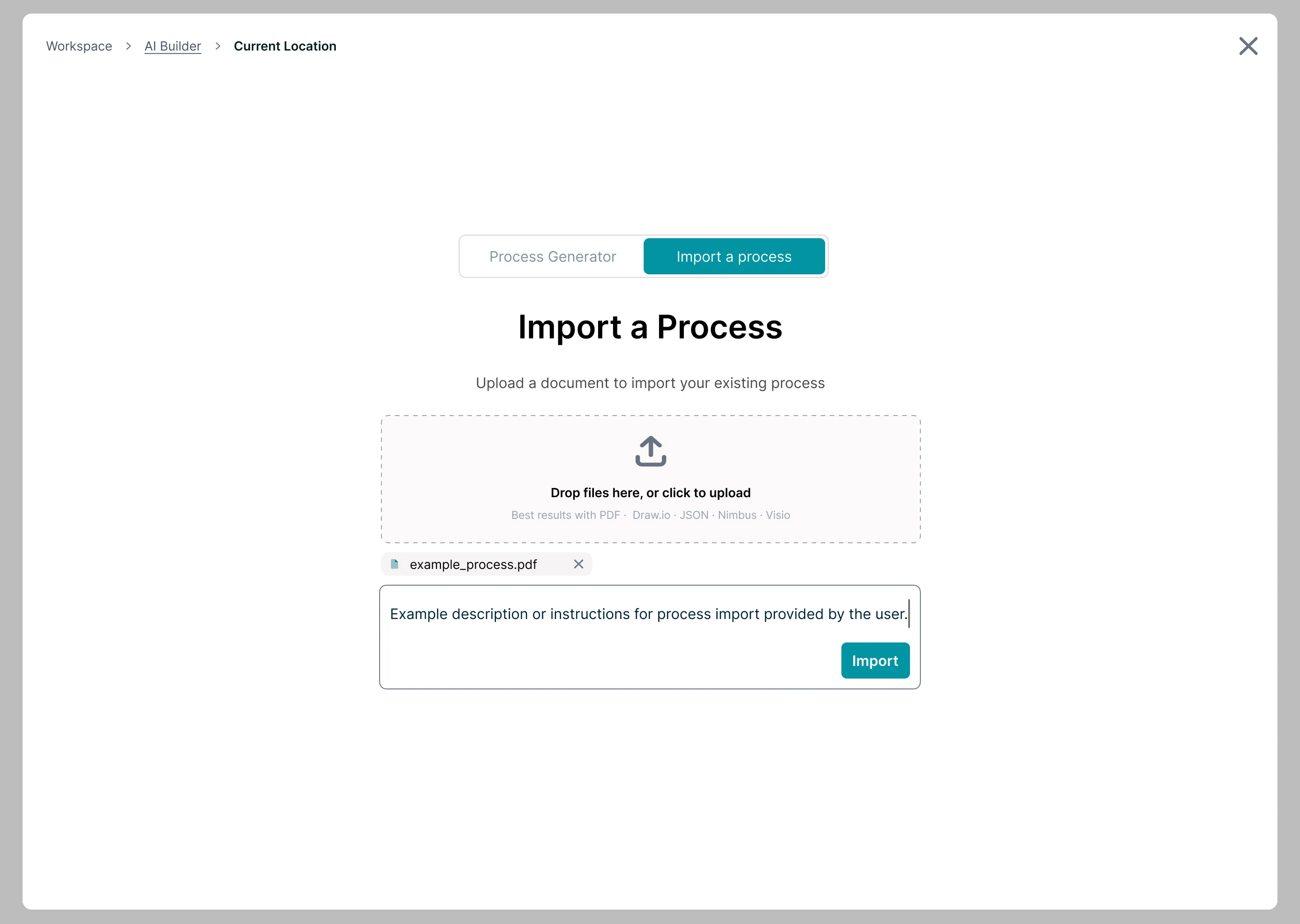 The Import a process tab with a drag-and-drop upload area listing supported formats, an uploaded example_process.pdf and a box for instructions to go with the import