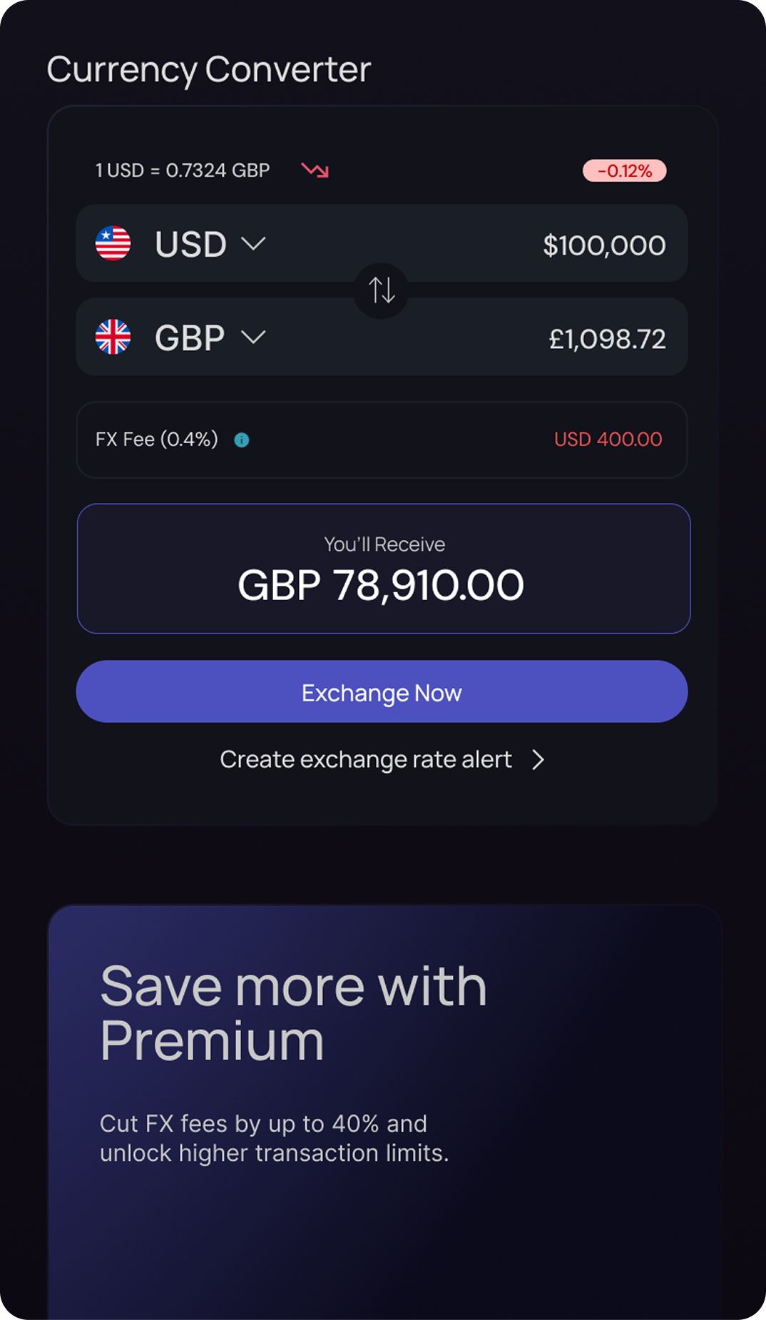Mobile currency converter showing the exchange rate, currencies, fee and total received