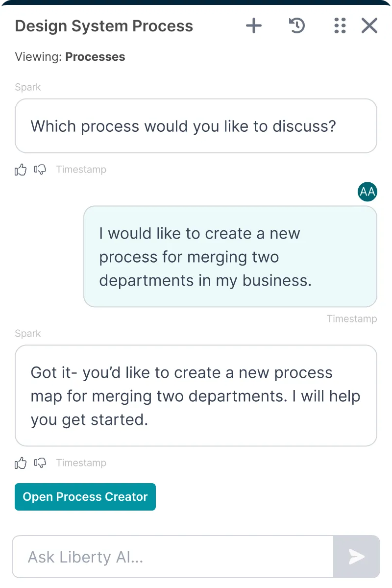 The same panel part-way through a conversation about merging two departments, ending in a teal Open Process Creator button above the message box
