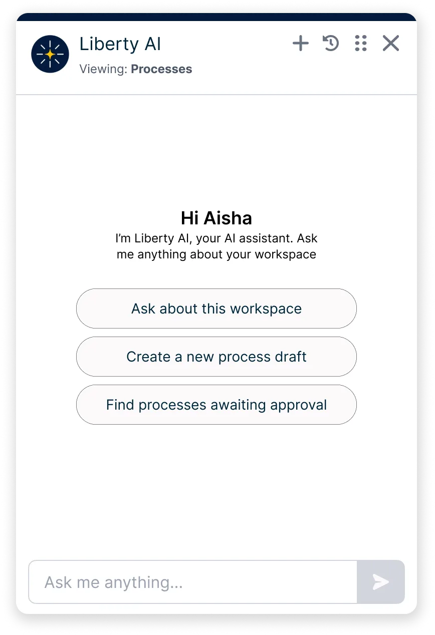 The docked Liberty AI panel: a header reading Liberty AI with Viewing: Processes underneath, a greeting, and three suggested starts — ask about this workspace, create a new process draft, find processes awaiting approval